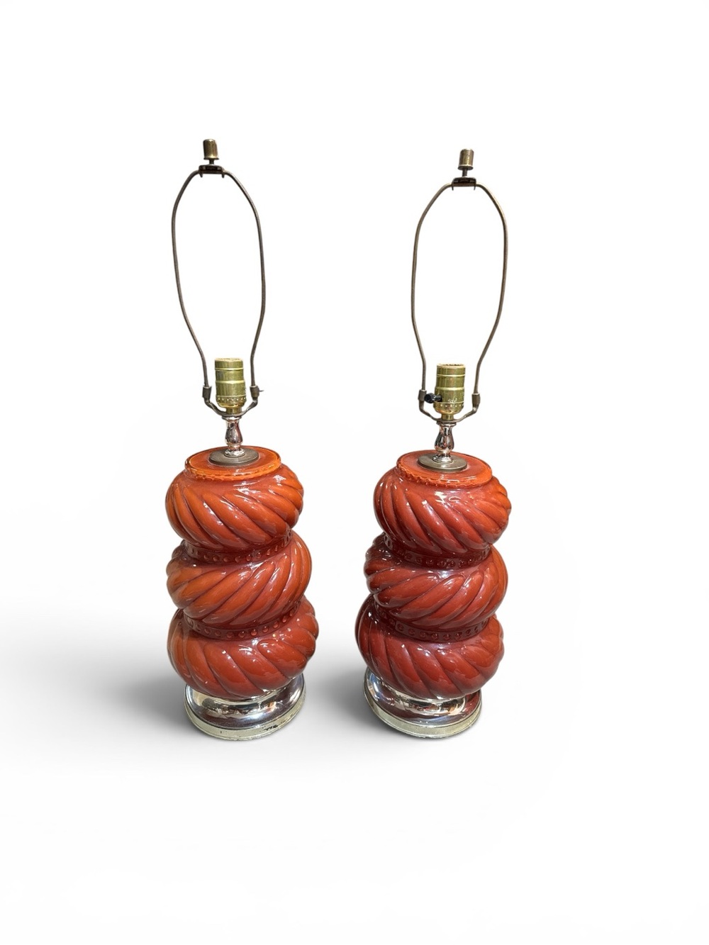 Vintage Pair Mid Century Italian Murano Glass Table Lamps Burnt Orange